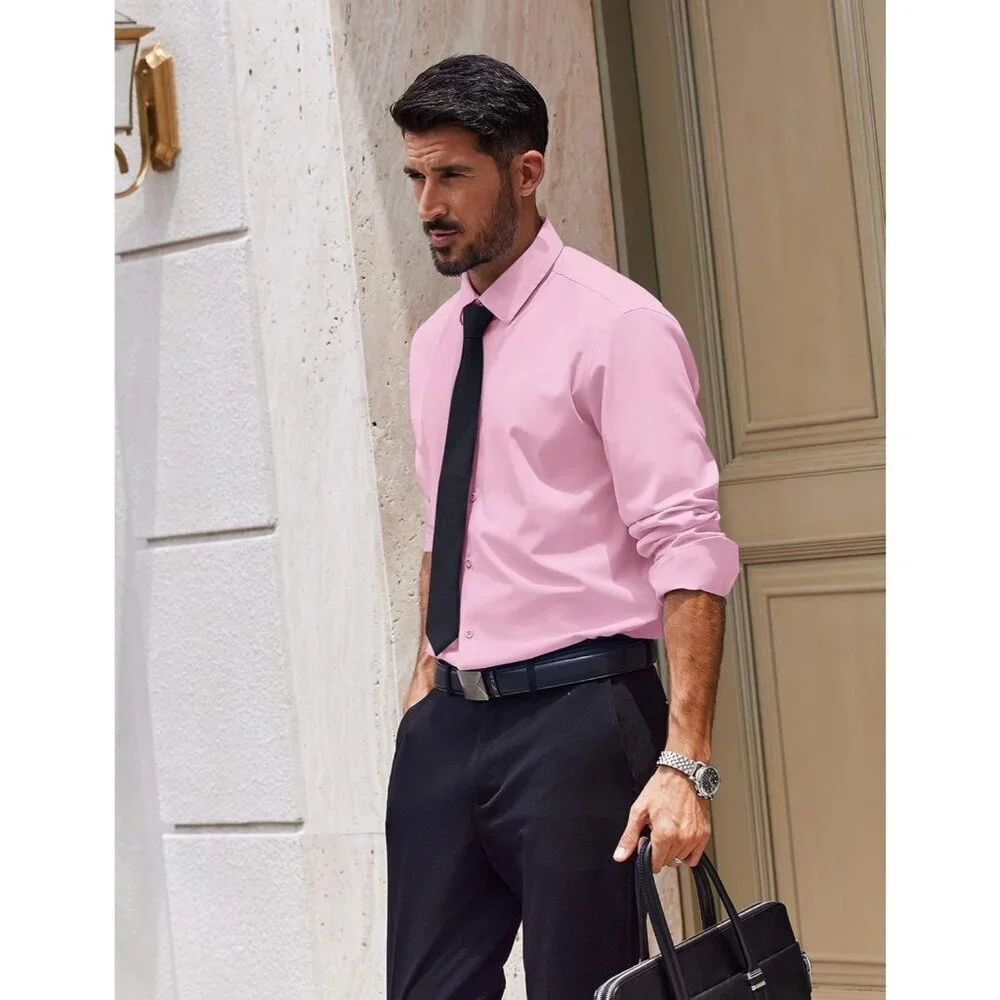 Coofandy Men Solid Pink Long Sleeve Button Down Regular Fit Business Shirt - Picture 2 of 6